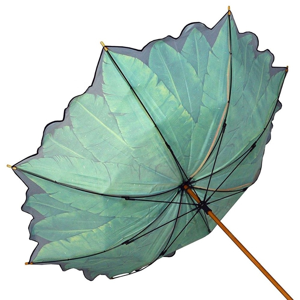 High Quality Wood Stick Windproof Banana Leaf Printing Straight Blunt Umbrella for Sale