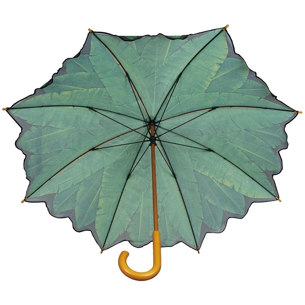 High Quality Wood Stick Windproof Banana Leaf Printing Straight Blunt Umbrella for Sale