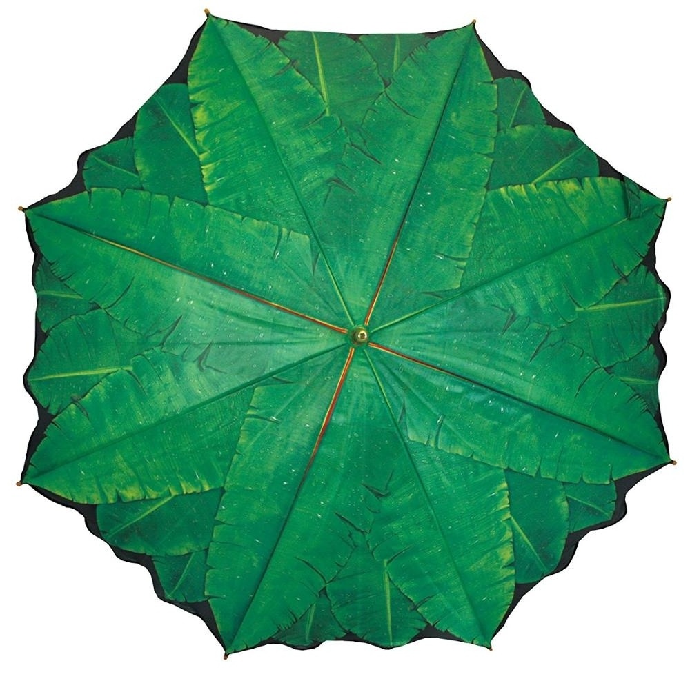 High Quality Wood Stick Windproof Banana Leaf Printing Straight Blunt Umbrella for Sale