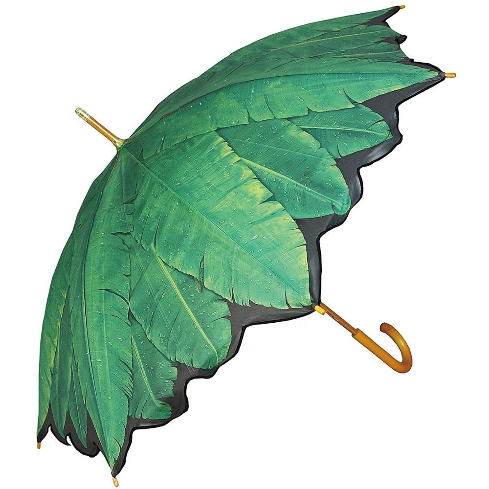 High Quality Wood Stick Windproof Banana Leaf Printing Straight Blunt Umbrella for Sale