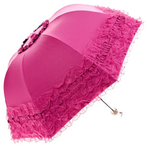 Pink Fashionable Women Advertising Manual Open Lace Parasol 3 Fold Umbrella