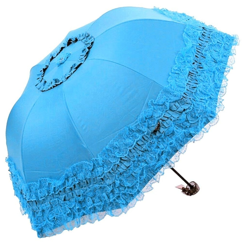 Pink Fashionable Women Advertising Manual Open Lace Parasol 3 Fold Umbrella