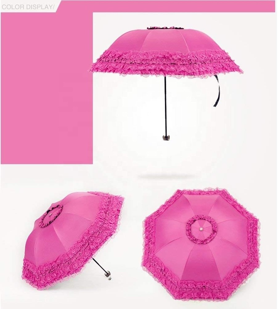 Pink Fashionable Women Advertising Manual Open Lace Parasol 3 Fold Umbrella