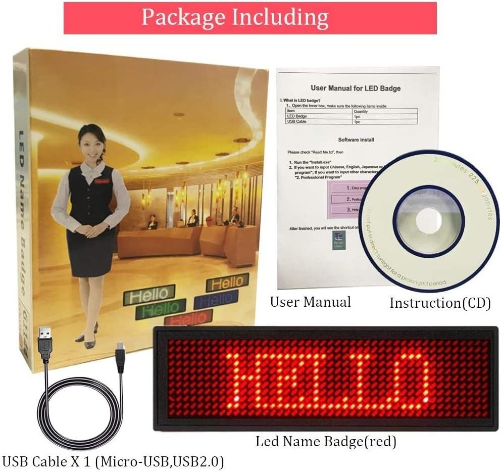 LED Name Badge for Business USB Programming Digital Display 44 x 11 Pixels Use Rechargeable LED Card Screen