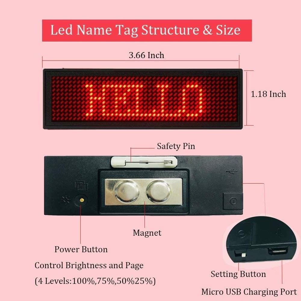 LED Name Badge for Business USB Programming Digital Display 44 x 11 Pixels Use Rechargeable LED Card Screen