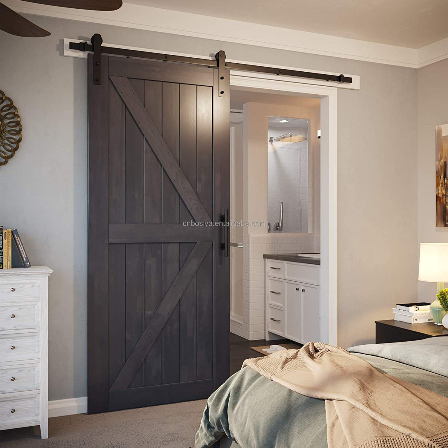 Bosya classic barn doors match with USA stander lock for hotel bed room/black siding hardware with flat track