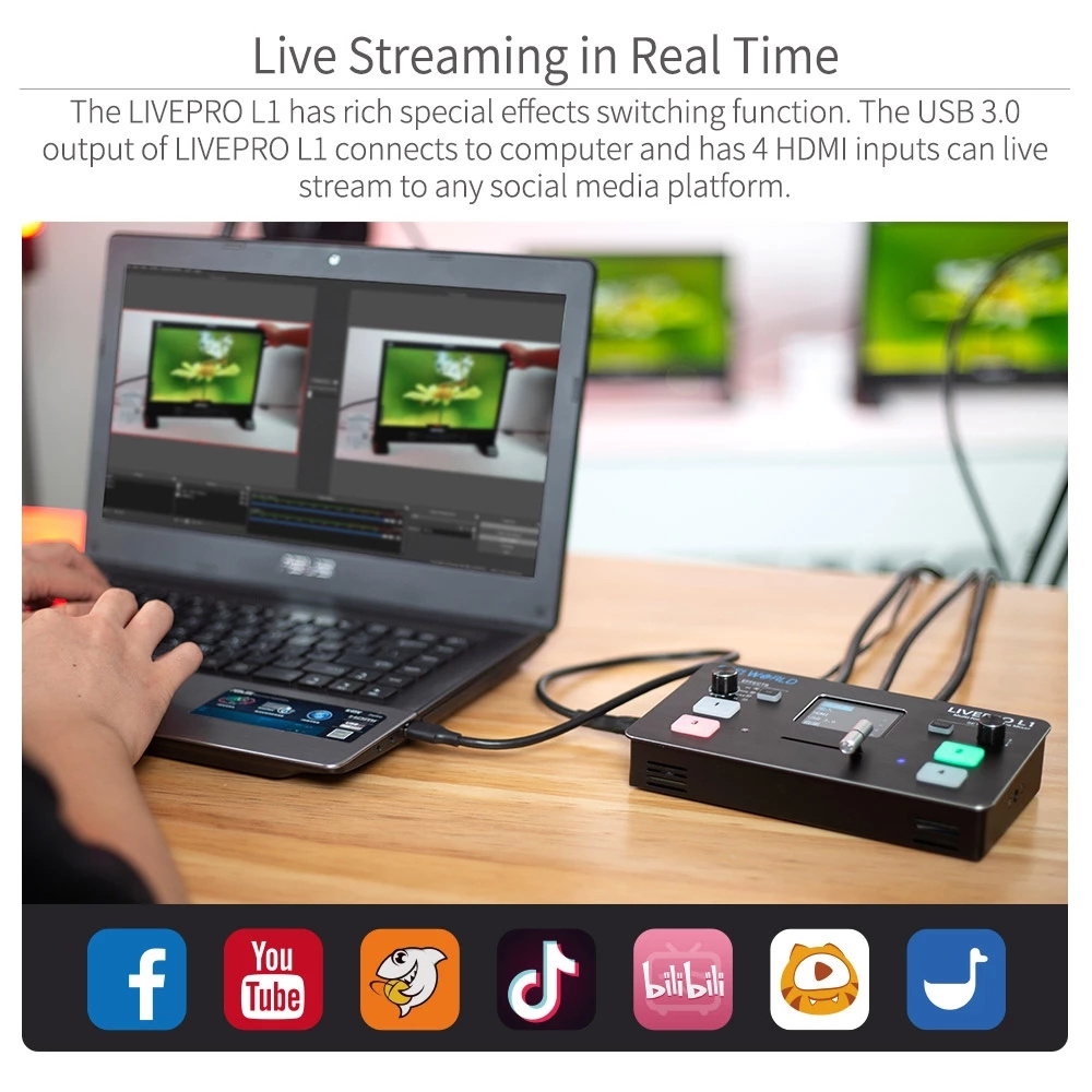 FEELWORLD LIVEPRO L1 Multi-format Video Mixer Switcher 4 HD-MI Inputs Multi Camera Production USB3.0 For Live Streaming