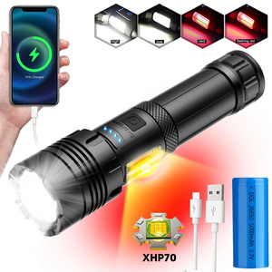 Super Bright Metal Waterproof Zoom Torch Light linterna USB-C Long Range XHP70 Powerful LED COB Tactical Flashlight Rechargeable