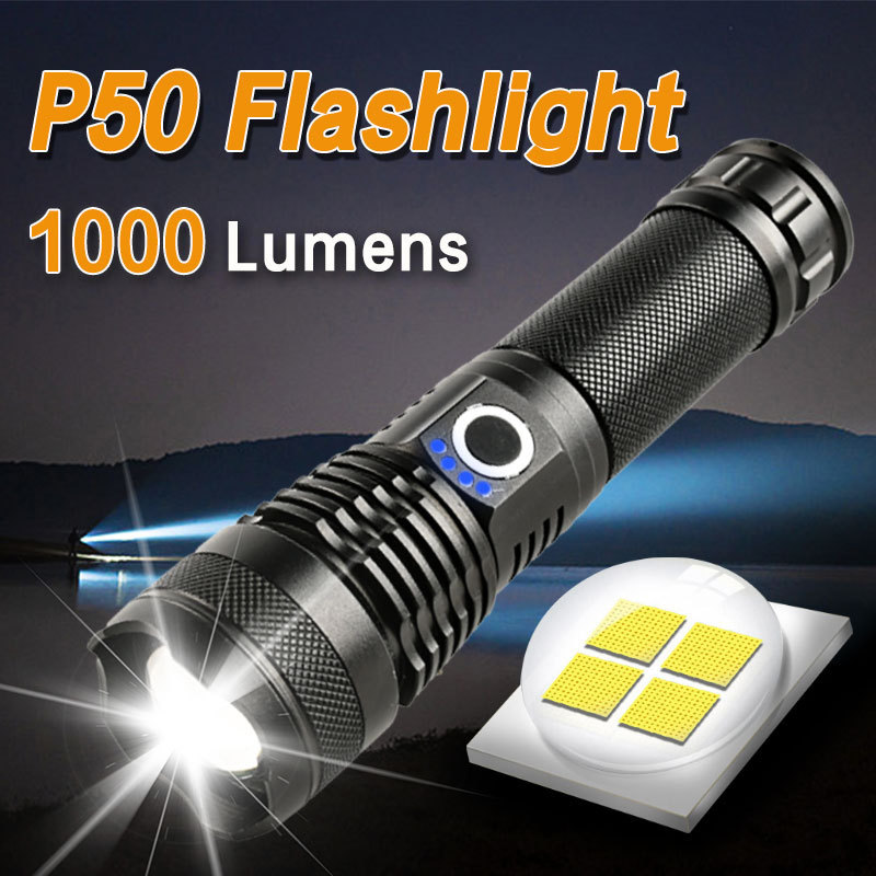 Super Bright LED Metal Waterproof Zoom Torch Light linterna USB-C Long Range XHP50 Powerful LED Tactical Flashlight Rechargeable