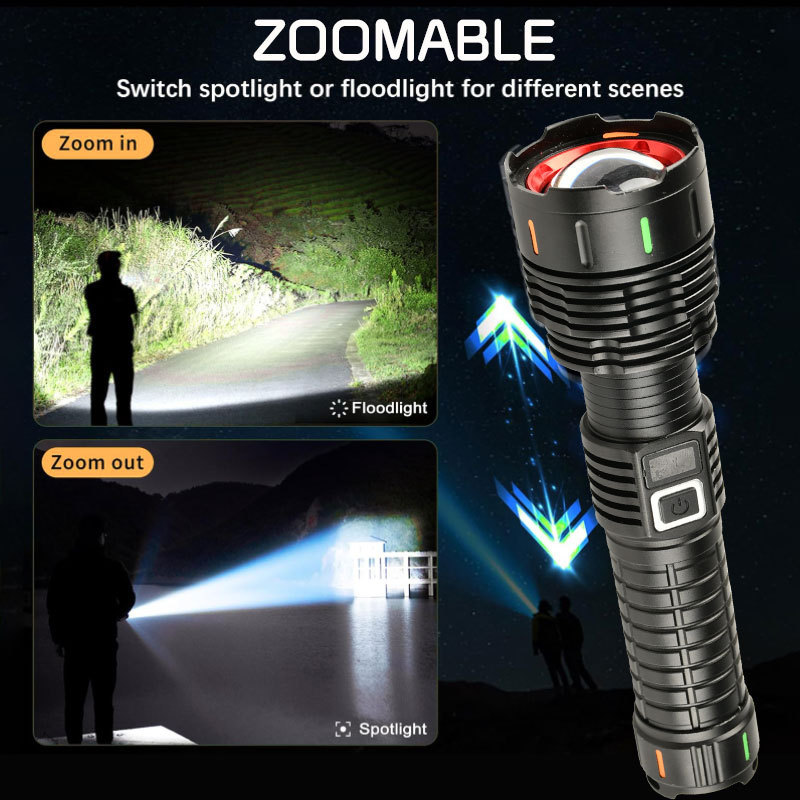 Long Range Metal Flashlight high lumens 100000 USB-C Zoom linterna Torch Light Tactical LED Powerful Flashlight Rechargeable