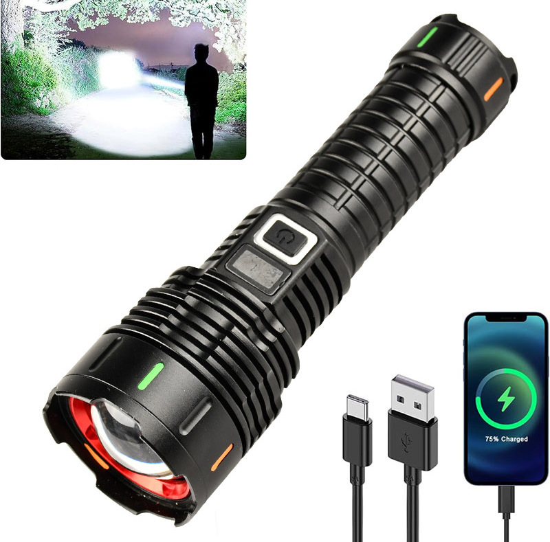 Long Range Metal Flashlight high lumens 100000 USB-C Zoom linterna Torch Light Tactical LED Powerful Flashlight Rechargeable