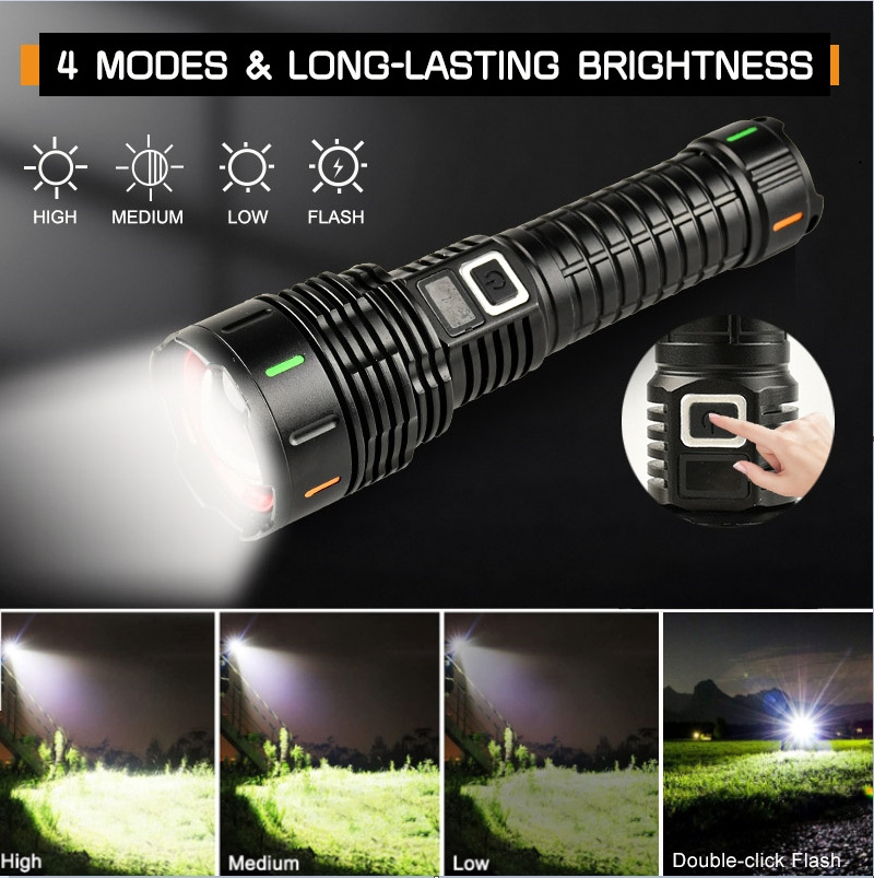 Long Range Metal Flashlight high lumens 100000 USB-C Zoom linterna Torch Light Tactical LED Powerful Flashlight Rechargeable