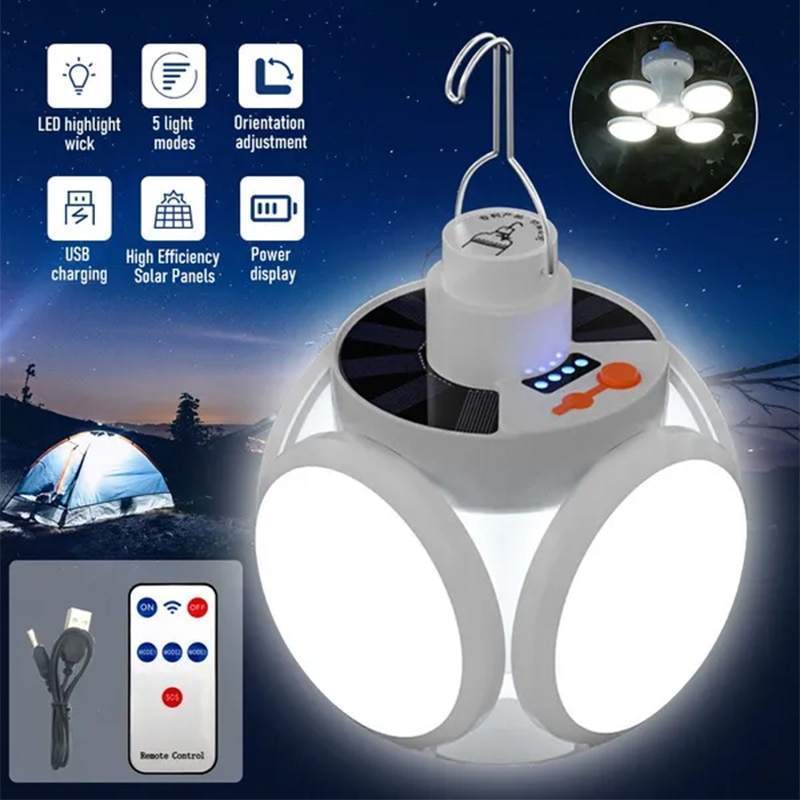 Portable LED Solar Emergency charging Football Lamp Lantern Hanging Foldable LED Solar Camping Light Outdoor Rechargeable