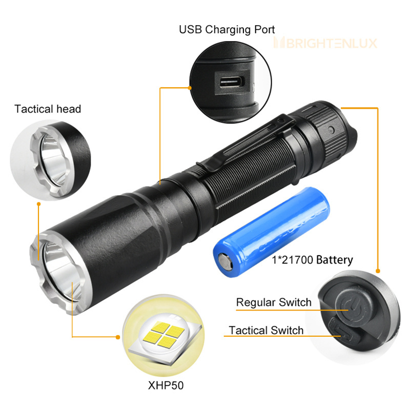 Brightenlux High Bright 2000 Lumens Pocket Clip Tactical Flashlight Torch XHP50 Led Type-C Rechargeable Flashlight