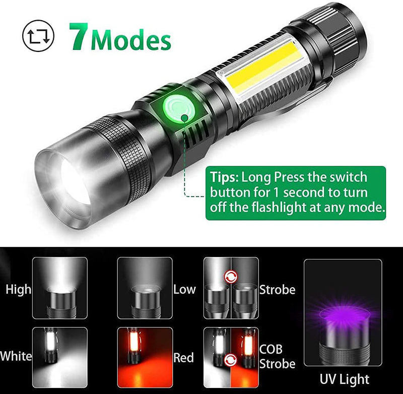 7 Modes Super Bright linterna Strong Pocket ZOOM Magnetic Torch Light Rechargeable Metal COB EDC UV Black light LED Flashlight