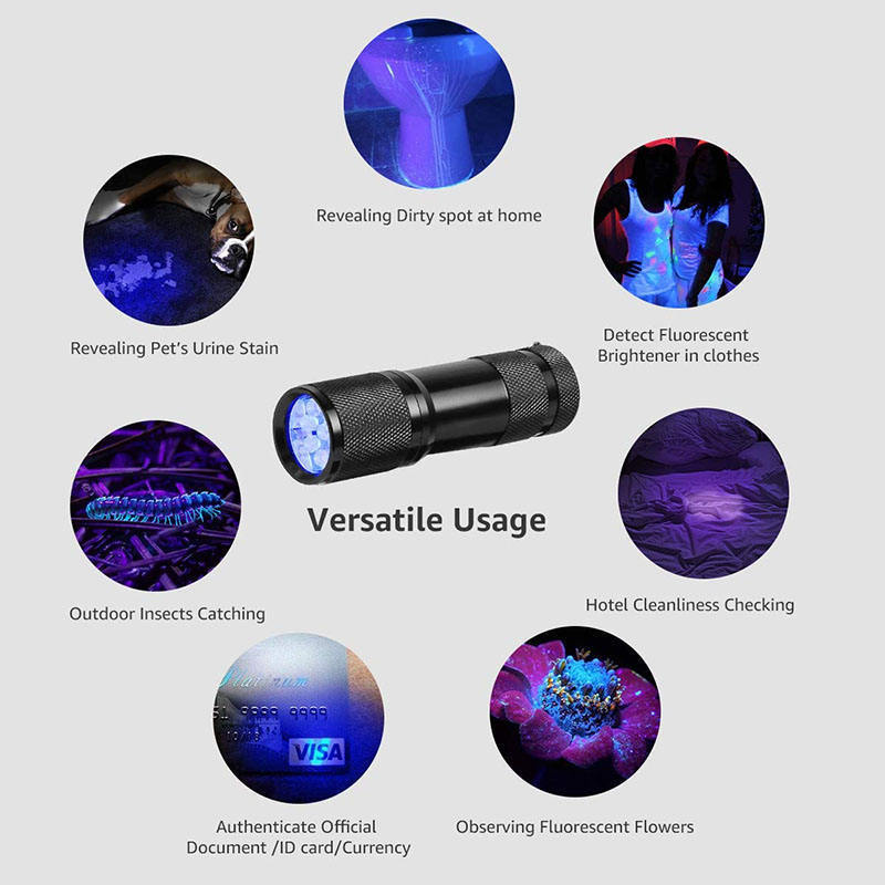 Factory OEM Aluminum Alloy AAA Battery Portable EDC UV Torch Light Blacklight 395nm linterna 9 LED Mini UV Flashlight