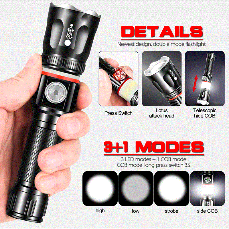 Long Range Magnetic super bright Tactical Flashlight Torch Light Powerful Zoomable Rechargeable LED Flashlight waterproof