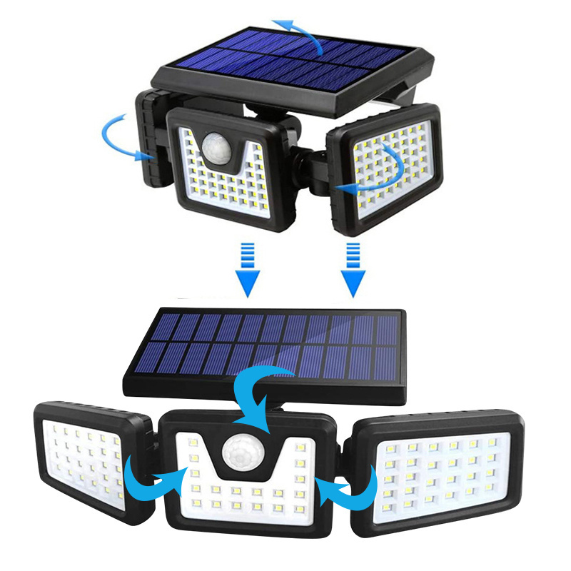 74LED Three Head Solar Lamp PIR Motion Sensor Waterproof Adjustable Angle Lights Solar garden Wall Light