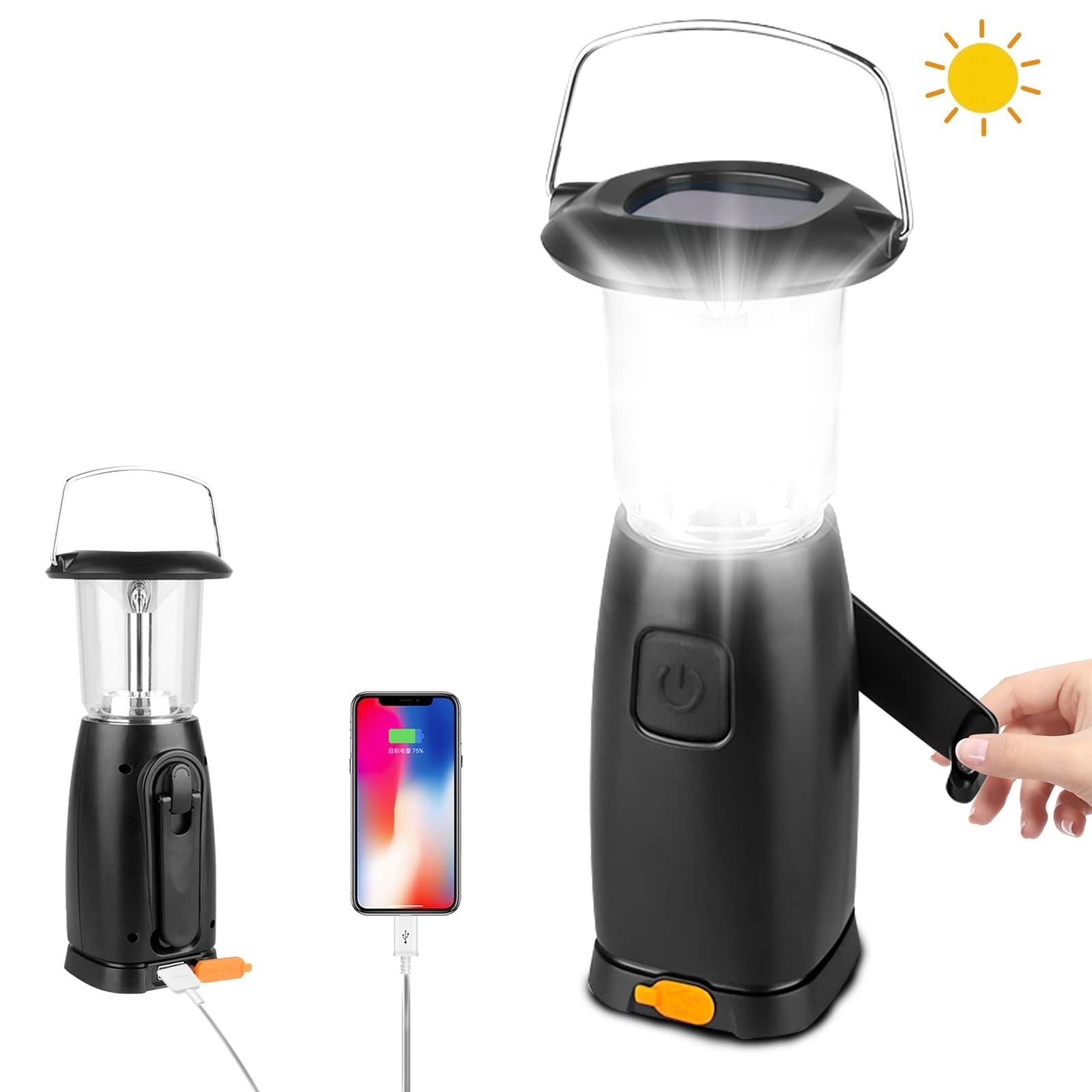 Portable USB Rechargeable Led Camping Lamp Lantern Hand Crank generator Hanging Solar Camping Light With Hook and power bank