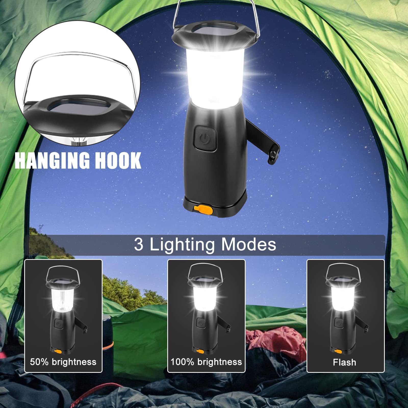 Portable USB Rechargeable Led Camping Lamp Lantern Hand Crank generator Hanging Solar Camping Light With Hook and power bank