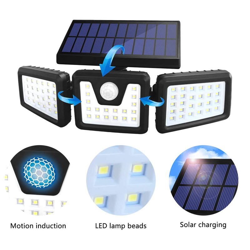 74LED Three Head Solar Lamp PIR Motion Sensor Waterproof Adjustable Angle Lights Solar garden Wall Light