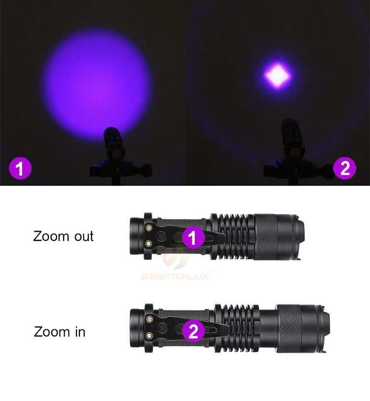 Factory Supply Portable uv torch flashlight AA Battery Zoomable Pocket Clip Mini uv Flashlight