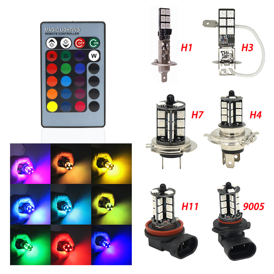 H1 H3 H4 9005 9006 H11 H7 RGB LED Auto Car Headlight 5050 LED 27SMD Strobe Led Fog Light Head Lamp Bulb With Remote Control