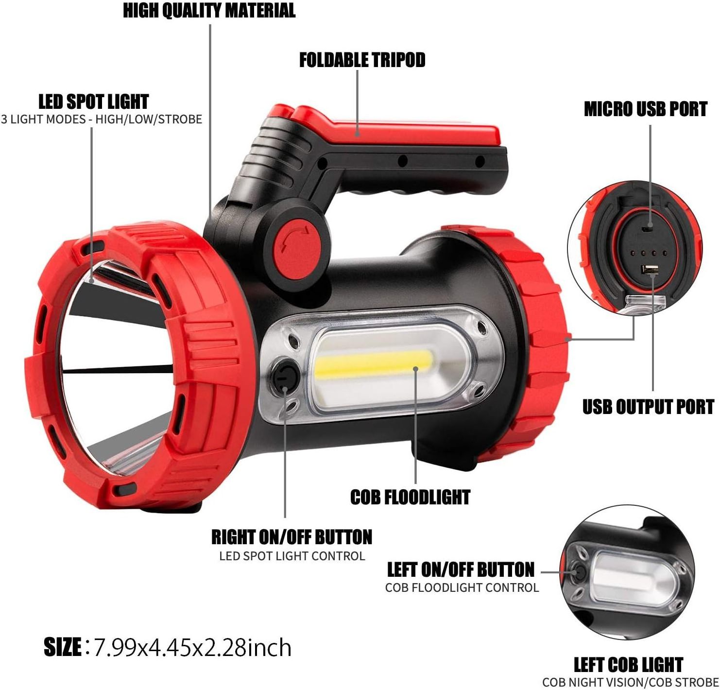 6000Lumens LED Rechargeable Spotlight Flashlight 6 Modes Bright Handheld Large Flashlight with Tripod