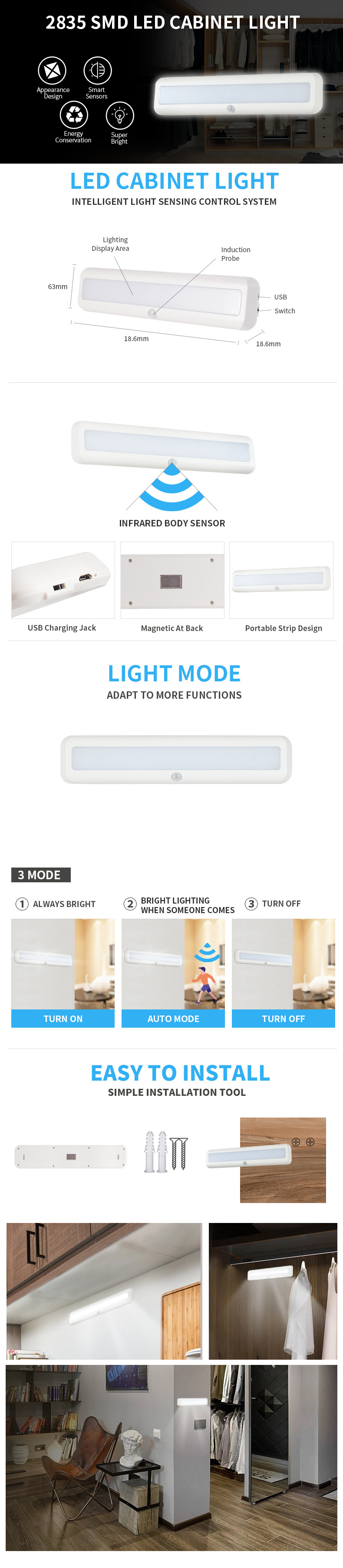 Battery Powered Operated Light LED Motion Sensor Cabinet Light Wireless Magnetic USB Rechargeable Kitchen Night Lights