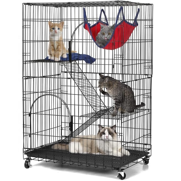 Cat Cage Playpen Crate Large Kennel Enclosure Metal Pet Cat Kitten Ferret Animal House Home With Caster, Tray &Hammock