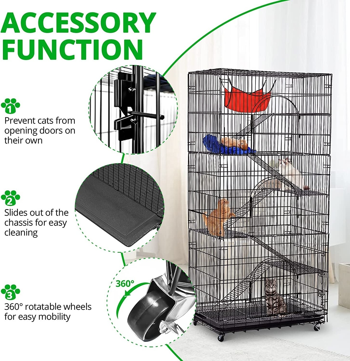 Cat Cage Playpen Crate Large Kennel Enclosure Metal Pet Cat Kitten Ferret Animal House Home With Caster, Tray &Hammock