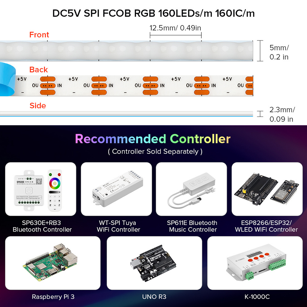 DC5V FCOB 5mm XGB1338 (WS2812B) RGB IC 160pxiels/m Dream Chasing Color Individual Addressable Digital COB LED Pixel Strip Light