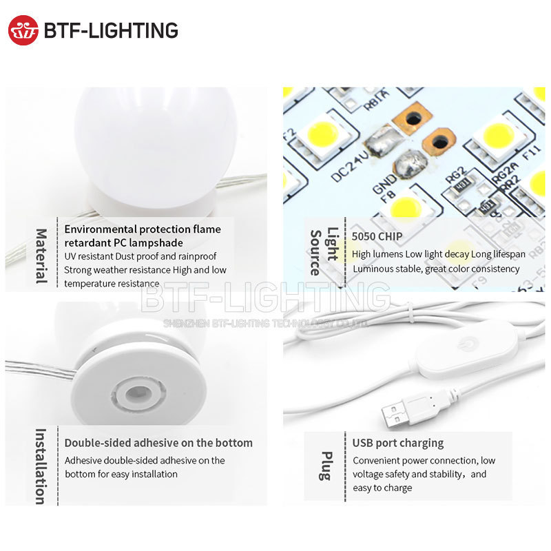 BTF LIGHTING white color DC5V tunable cw ww nw dressing table lights set makeup vanity led mirror light bulb