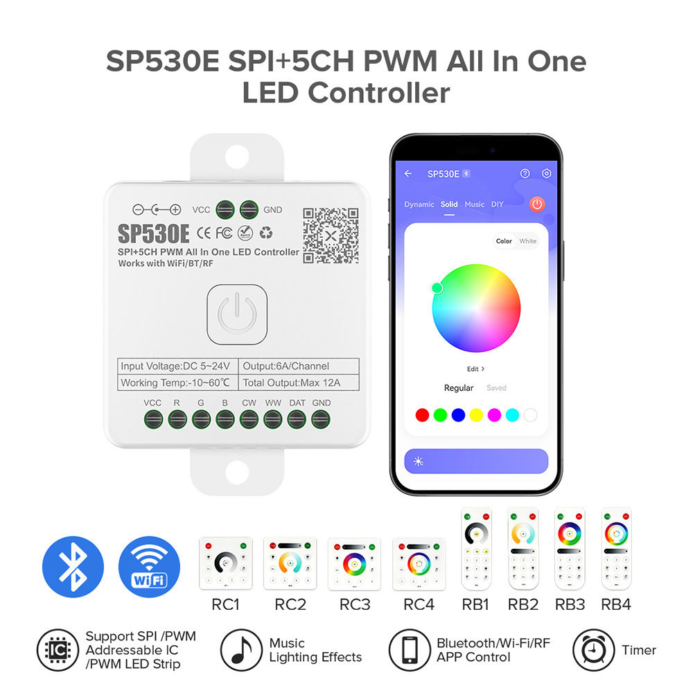 2.4GHz WIFI Enabling B-luetooth Local Network Cloud Connection RGBCCT RGB RGBW PWM SPI 5In1 Led Controller