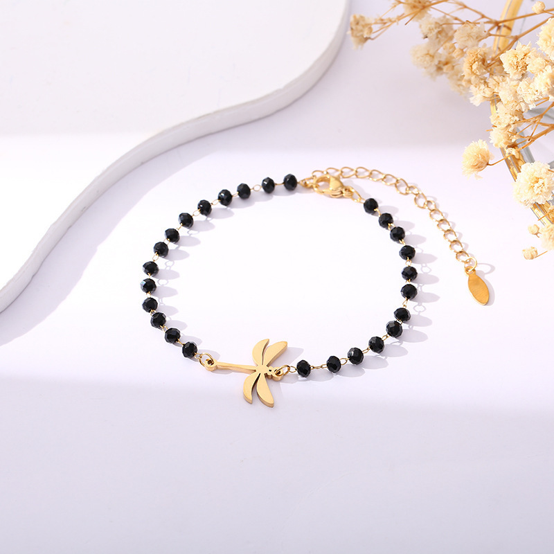 Stainless Steel Bracelet Lucky Dragonfly Black Crystal Bracelet Crystal Metal Charm Accessories Bracelet