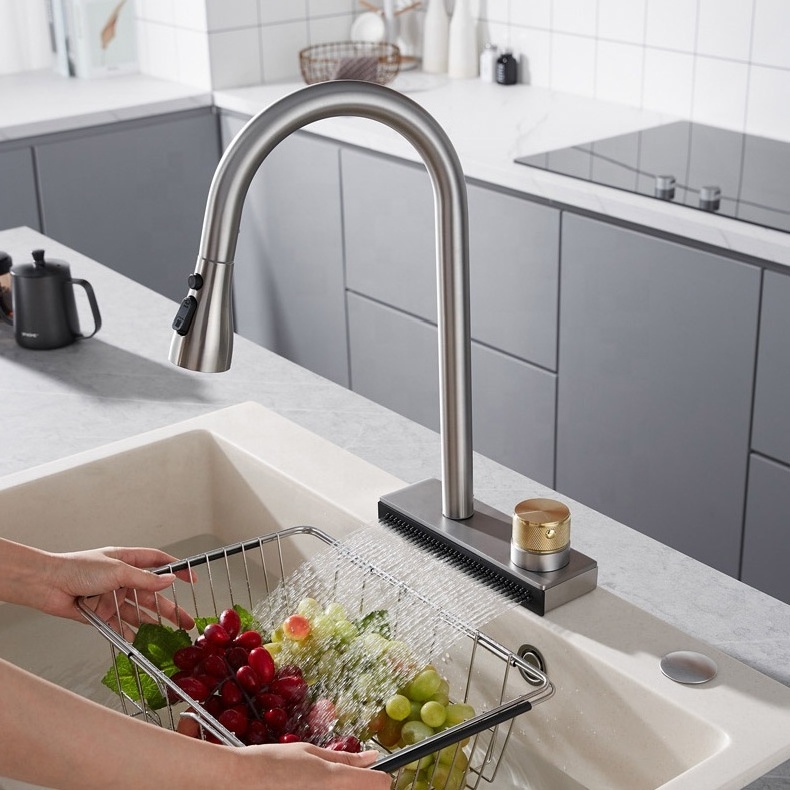 waterfall Water Tap Bathroom Matte Black sink kitchen with pull out Faucet Spout for wash basin tap