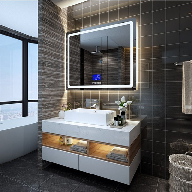 Hotel project Marble double basin bathroom vanity mirror with Touch sensitive screens led smart mirror stone vanity