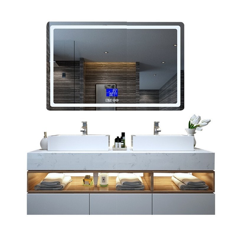 Hotel project Marble double basin bathroom vanity mirror with Touch sensitive screens led smart mirror stone vanity