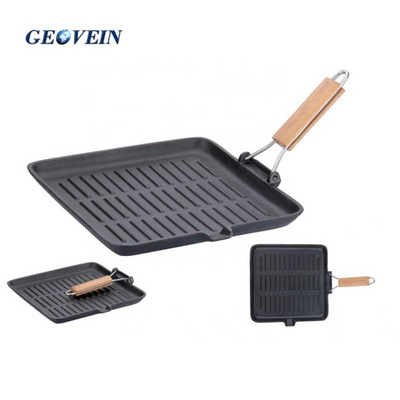 Non-sticky Steak Wooden Handle Frying Pan Vegetable oil cast Iron bbq grill pan with folding wooden handle