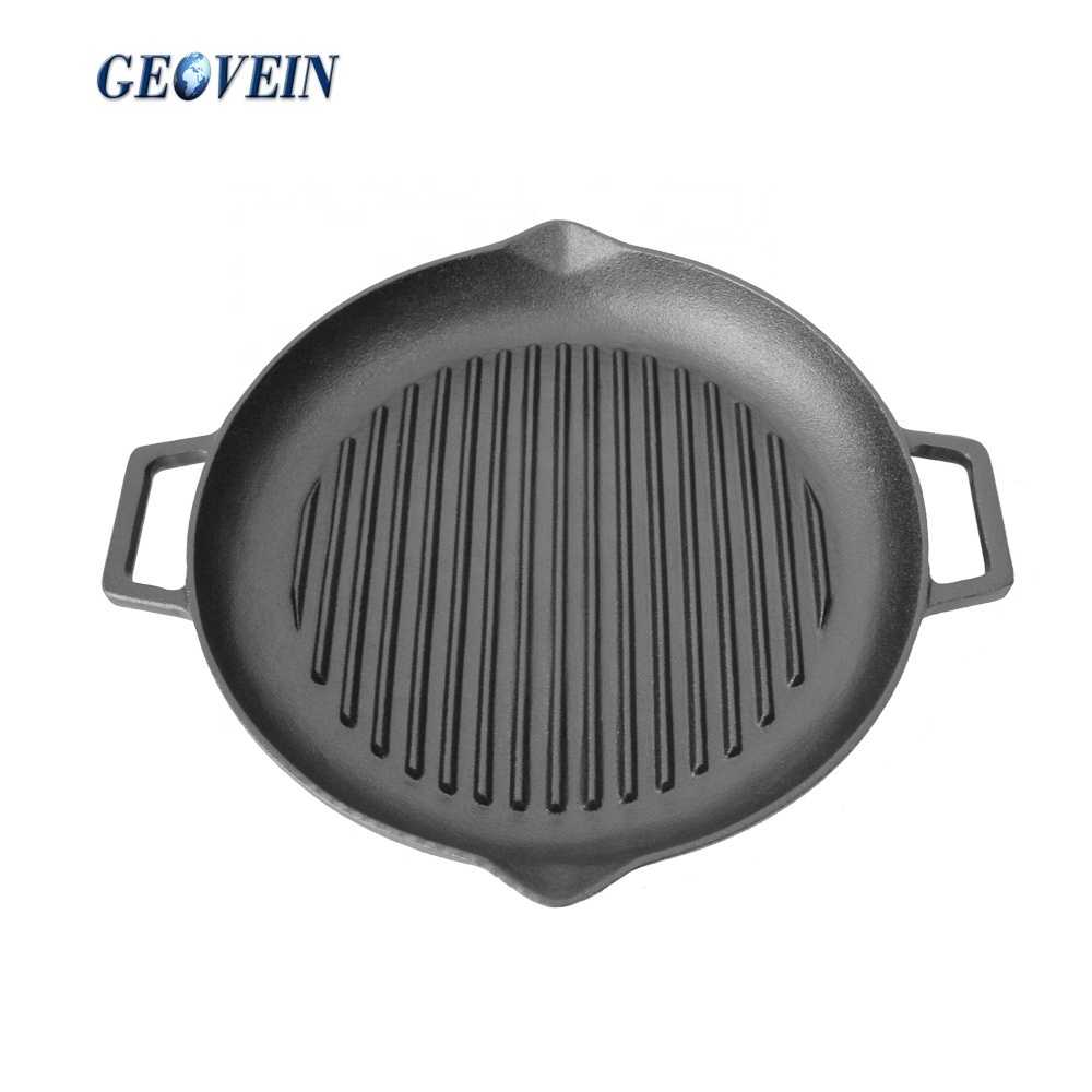 Round Roast Plate Korean Cast Iron BBQ Grill Frying Pan With Handles