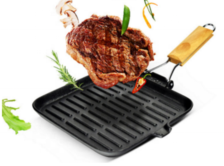 Non-sticky Steak Wooden Handle Frying Pan Vegetable oil cast Iron bbq grill pan with folding wooden handle