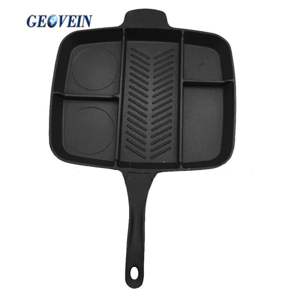 Multi Section 5 in 1 Non Stick Cast Iron Skillet Grill Pan