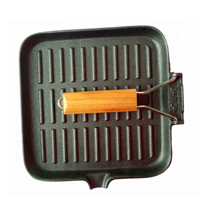 Non-sticky Steak Wooden Handle Frying Pan Vegetable oil cast Iron bbq grill pan with folding wooden handle