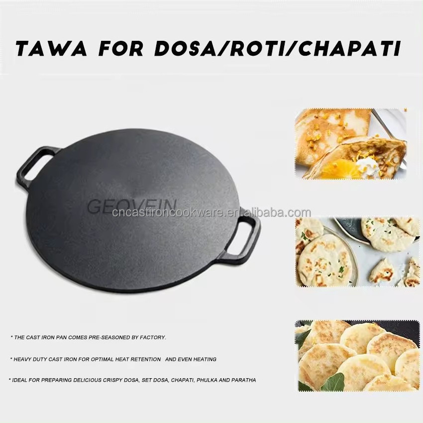 Heavy Duty Pre-seasoned Cast Iron Dosa Tawa Roti Pan Round Baking Stone Crepe Pan Cooking Griddle