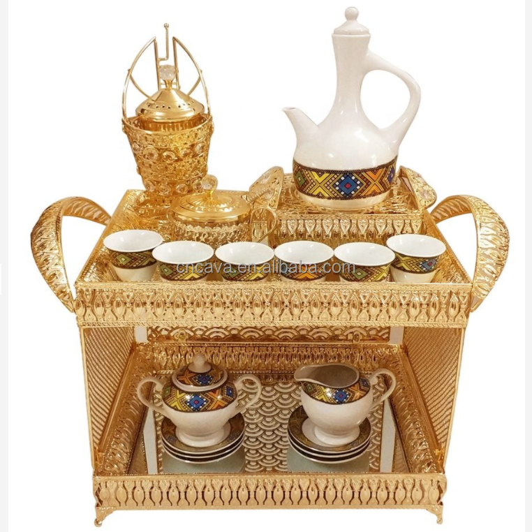 2022 new arrival habesha ethiopian golden metal rekebot table coffee tray set with porcelain tea cups and saucers