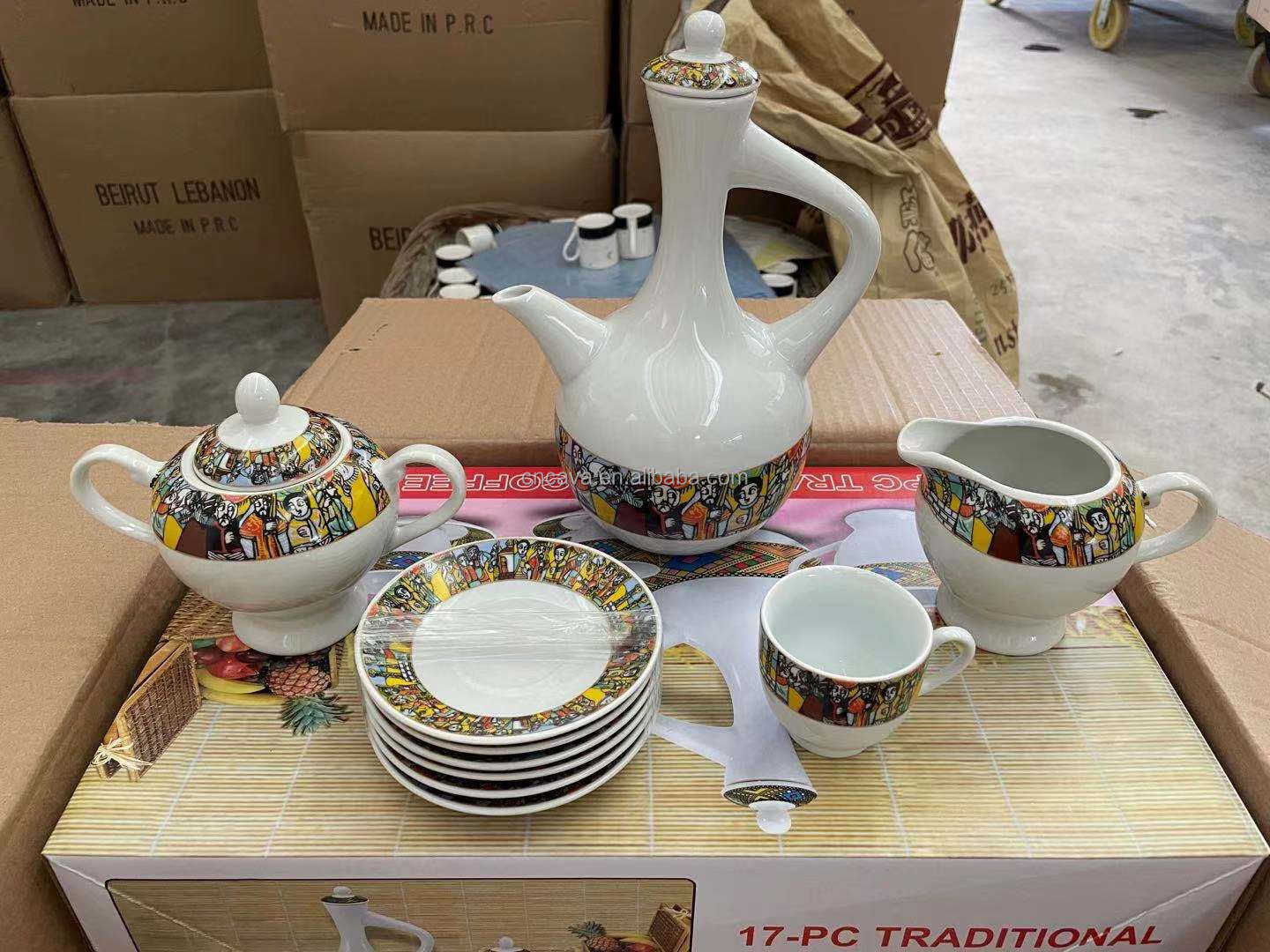 china manufactory wholesale price special saba tilet design ethiopian traditional ceremony 17pcs porcelain coffee tea set