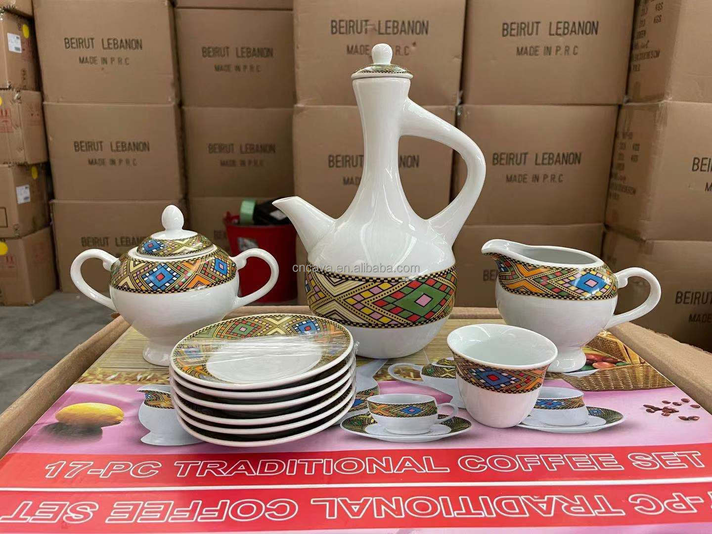 china manufactory wholesale price special saba tilet design ethiopian traditional ceremony 17pcs porcelain coffee tea set