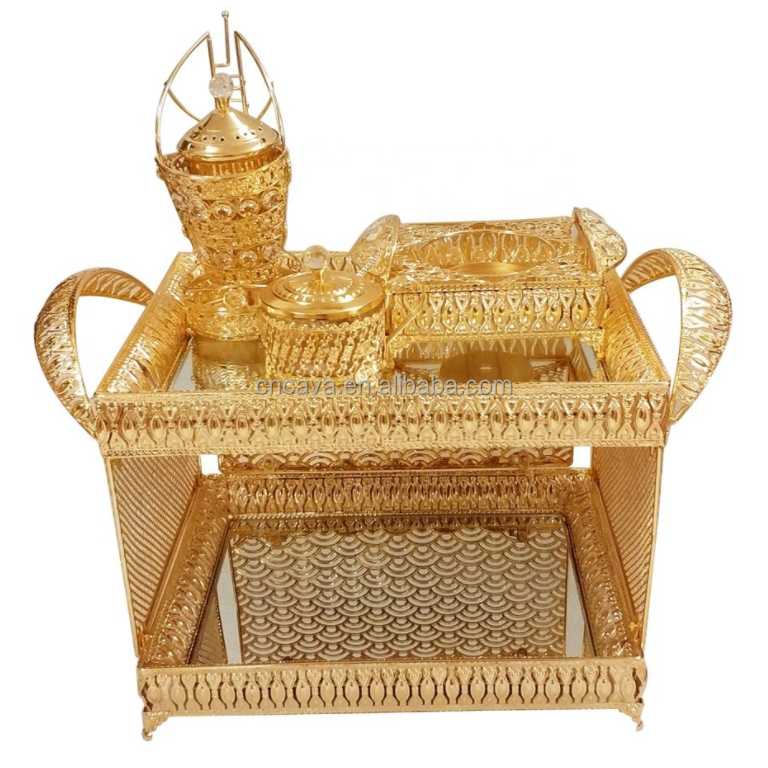 2022 new arrival habesha ethiopian golden metal rekebot table coffee tray set with porcelain tea cups and saucers