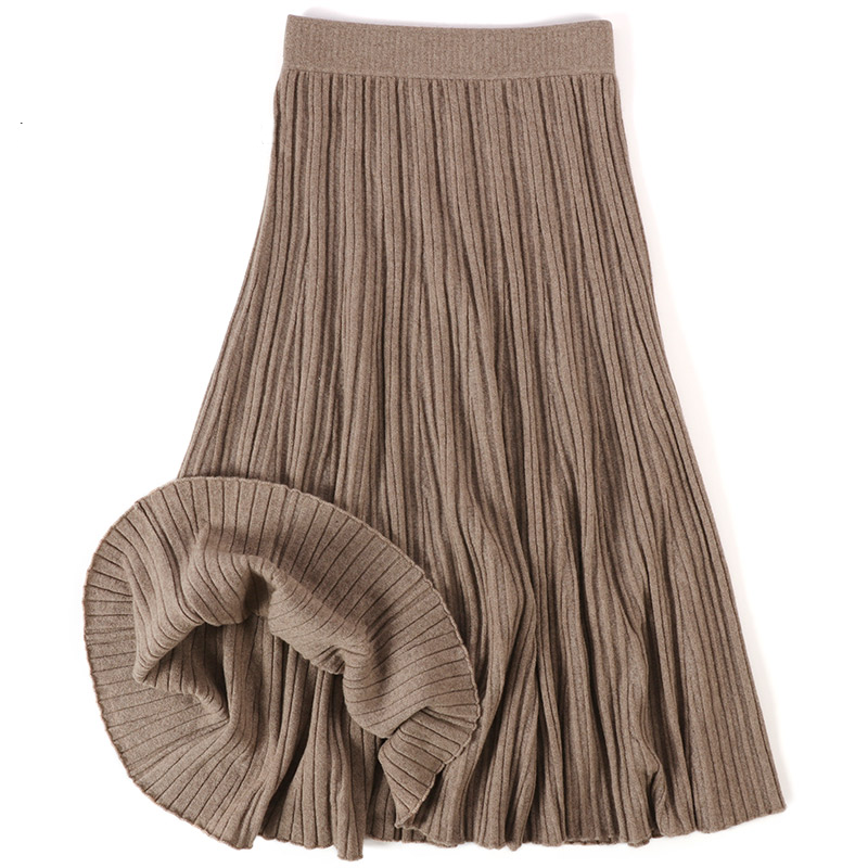 women autumn winter high waist 100% pure cashmere long knitted  pleated maxi A line swing cashmere sweater skirt