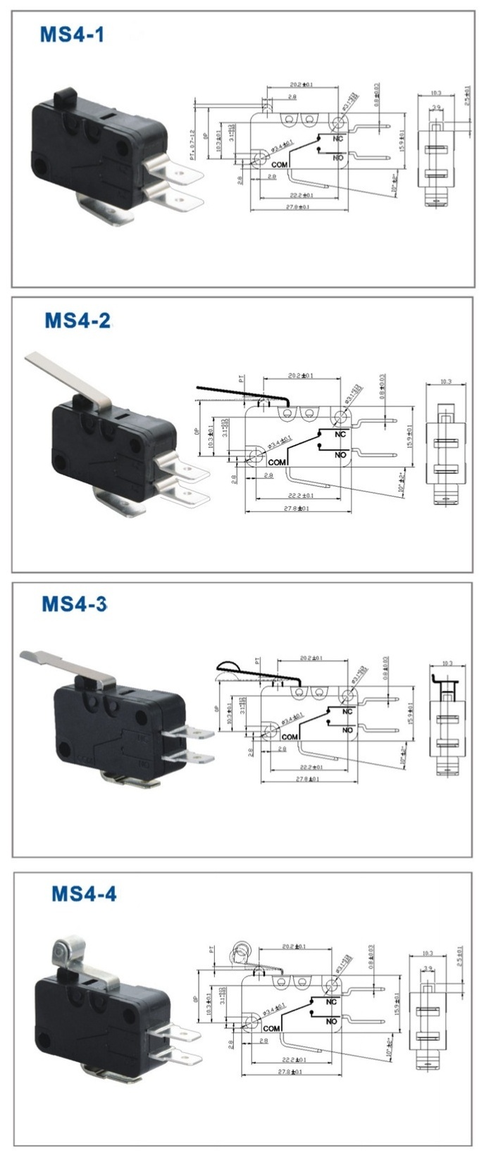 High quality MS4-1 16A Micro Switch 2 Pins Micro Limit Switches